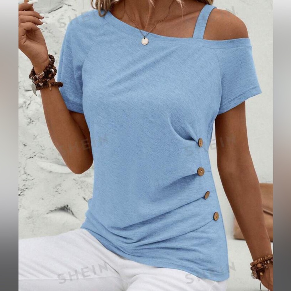 SHEIN blue cut out shoulder top asymmetrical top